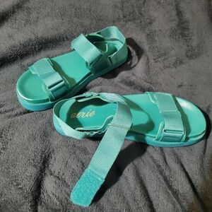 Aerie Green Teal Turquoise Hook Loop Strap Flat Sandals Womens Size 9